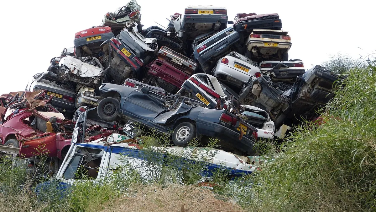 Carcasses de voitures empilées, ferraille à recycler